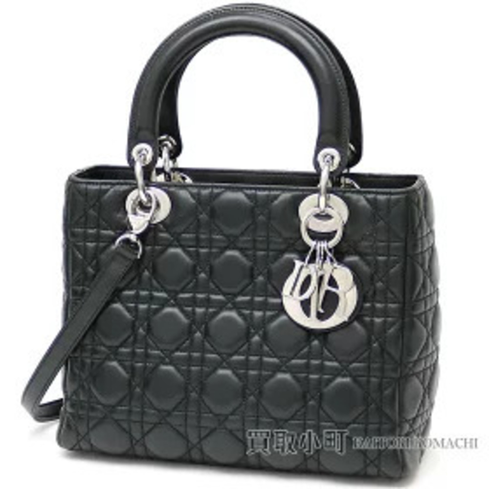 Dior Christian Lady Handbag Cannage Stitch Black Lambskin Charm Shoulder Bag